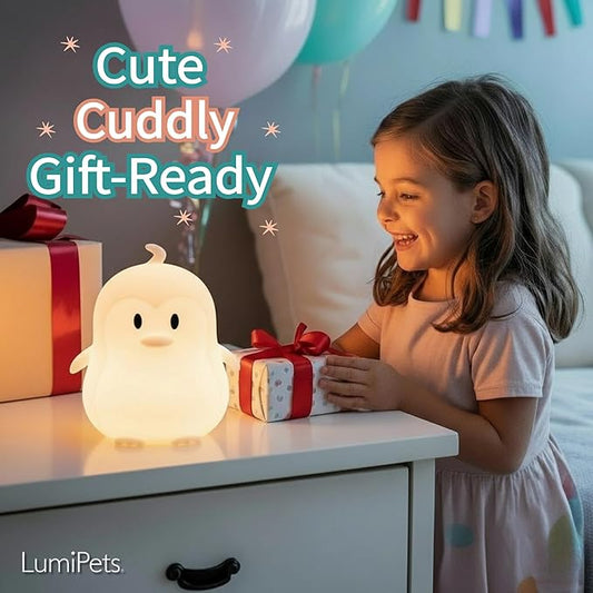 Lumipets Remote Control Silicone Night Light for Kids - Penguin Design with 9 Soft Colors & Sleep Timer - Rechargeable, Battery-Operated Lamp for Bedroom | Baby Nursery, Toddler, Girls, Boys
