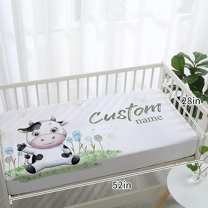Custom Baby Crib Bedding Set,Personalized Name 4 Piece Nursery Bed Set with Cows Design,Baby Blanket Fitted Sheet Nursery Rug Wall Art Set,Custom Room Decor Idea Gift for Newborns Boys Girls