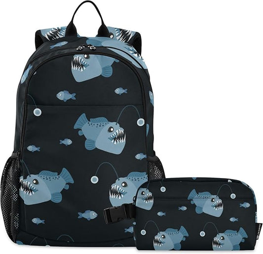 Jucciaco Angler Fish Backpack with Lunch Bag, School Travel Backpack for Boys Girls Kids Backpacks Set