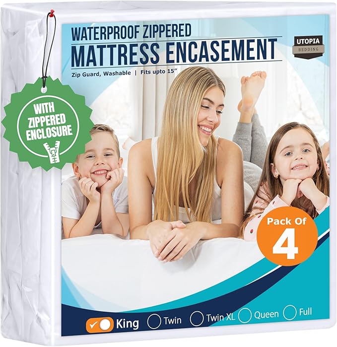 Utopia Bedding Waterproof Mattress Protector King Size (Pack of 4), Zippered Mattress Encasement Bed Bug and Dust Mite Proof, Absorbent Six-Sided Mattress Cover