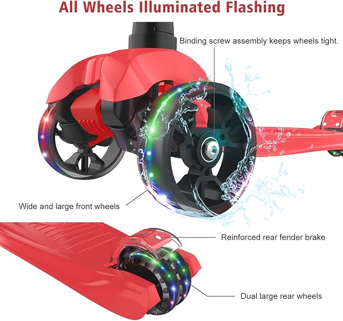 Allek Kick Scooter B02, Lean 'N Glide Scooter with Extra Wide PU Light-Up Wheels and 4 Adjustable Heights for Children from 3-12yrs (Red)