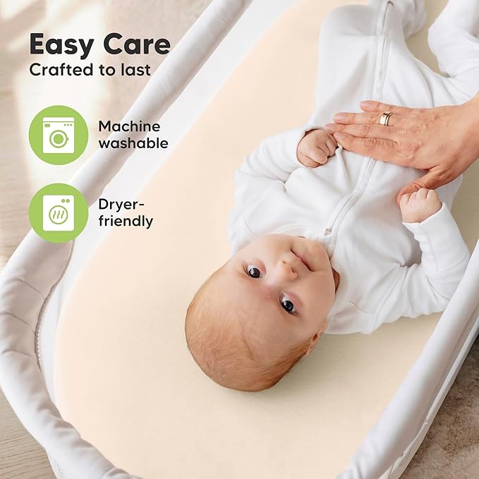2-Pack Organic Bassinet Sheets for Girls, Boys - 100% Cotton Bassinet Mattress Sheets Compatible with Halo Bassinest Swivel Sleeper, Graco, Baby Delight, Chicco, Fitted Bassinet Sheets (Cameo)