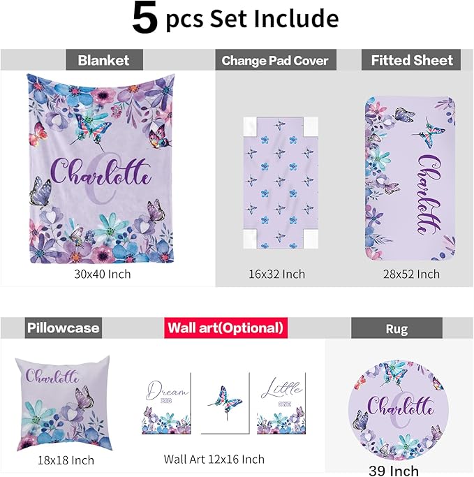 Custom Baby Bedding Set, Personalized Purple Butterfly Bedding, Baby Blanket Fitted Sheet Changing Cover Nursery Rug Room Decor Gift Idea