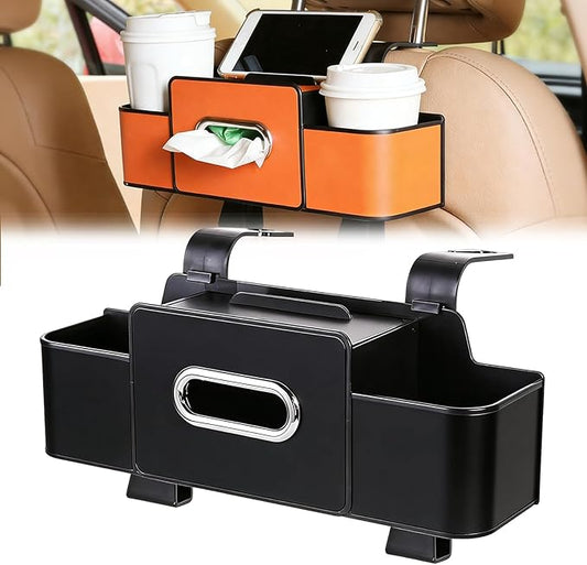 Car Organizer With Tissue Holder, Car Organizer & Storage Box, 5-in-1 Car Organizer Back of Seat, 2 Deep Cup Holders, Tissue Box Holder, Phone & Bag Hooks Zoning Storage (Black-A)