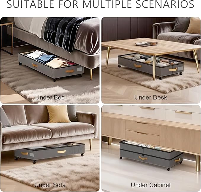 GOVEYONY Under Bed Storage with Wheels 2-Pack, 75L XXL Under the Bed Storage Containers Large, 12" Tall Adjustable Storage for Underbed with Lids, Rolling for Clothes, Shoes, Blankets (Grey)