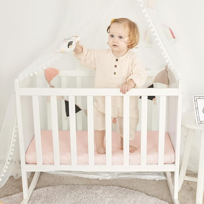 TILLYOU Baby Bassinet Sheets for Girls Boys, Fit for Hourglass Oval Rectangle Bassinet Mattress Sheets, 33”X16”, 2 Pack Pink & White