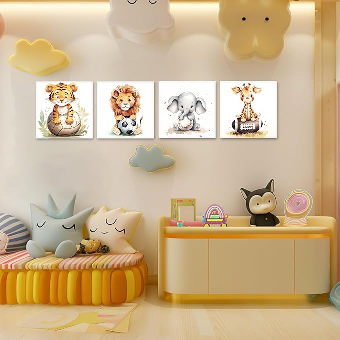 LYUNSHUO Nursery Wall Decor 4 Piece Cute Animal Canvas Print Wall Art for Boy's Girl's Room Decor Cartoon Artwork for Living Room Home Decor Gallery Wrapped(Art-1,20.00"x20.00"x4P)