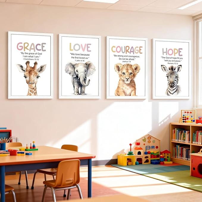 Cute Giraffe Elephant Tiger Zebra Quote Framed Wall Art Set of 4, 11x16 Educational Grace Love Courage Hope Saying Sign for Baby Girl Kid Boy Toddlers, Boho Wooden Inspirational Nursery Wall Decor