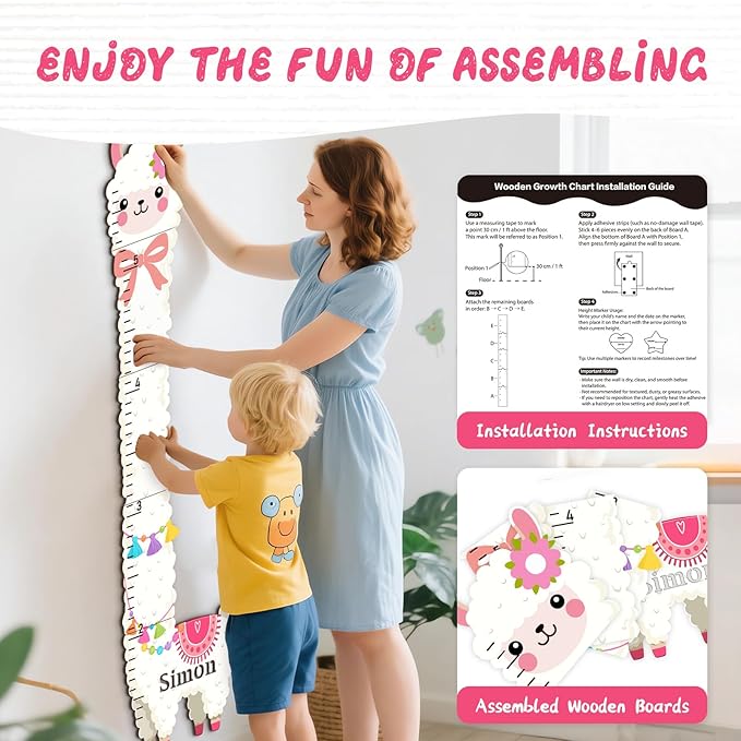 Woodemon Personalized Child Growth Charts, Alpaca Wooden Kids Height Wall Chart, Height Measurement for Wall Kids Room Nursery Decor