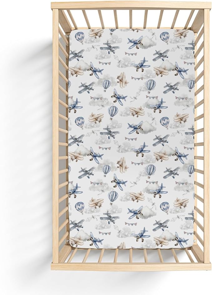 Vintage Planes Airplanes Helicopters Baby Crib Sheets Boy Girl 28"x52" Hot Air Balloon Plane Clouds Sky Soft Stretchy Fitted Crib Mattress Cover Baby Sheet for Standard Crib & Toddler Mattress Pad
