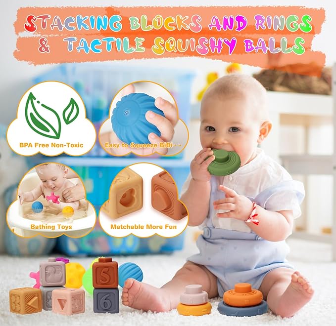Baby Toys 6 to12 Months, 7 in-1 Montessori Toy for 6-9-12-18 Month Old with Pull String Toy, Sensory Bin Toys, Stacking Baby Blocks & Soft Infant Ring & Sensory Ball, Stacking Cups for Toddler 1-3Gift