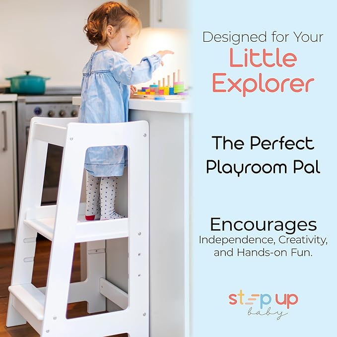 Stepup Baby Toddler Step Stool - Adjustable Height Kids Helper Step Stool, Durable, Non-Slip Platform for Bathroom Sink & Kitchen Counter, Toddler Tower for Exploration and Growth - White