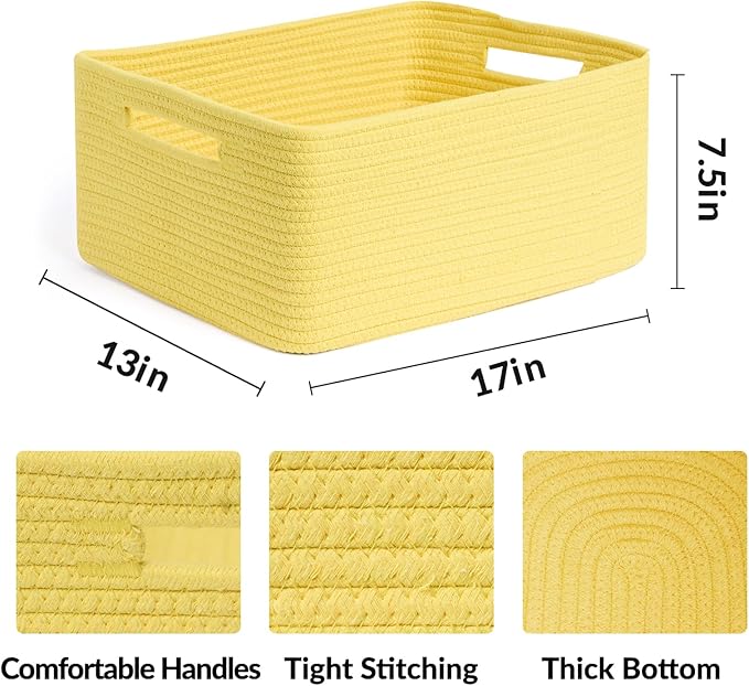 MiniArk Large Storage Baskets for Shelves, Closet Organizers Bins for Clothes Blanket Towels, Baby Nursery, Toy Baskets Box, Woven Rope Baskets, 17 x 13 x 7.5”, 3 Packs Yellow