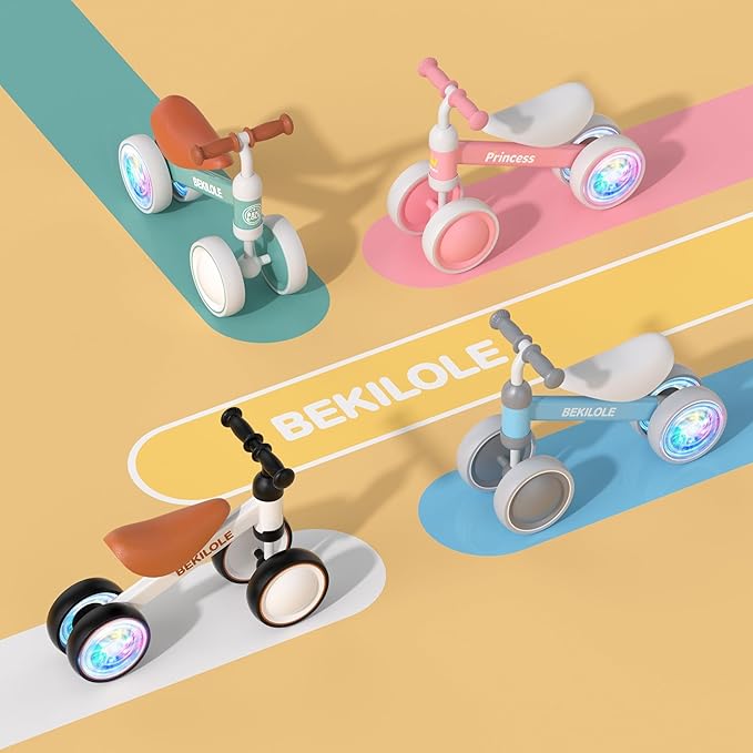 BEKILOLE Baby Balance Bike with Light Up Wheels | Toys for 1 Year Old Boy | 1st Birthday Gift for One Year Old Boy & Girl | 12-36 Month Toddler Bike - White & Brown