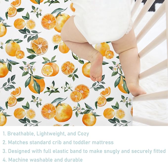 Watercolor Oranges Baby Crib Sheet 52''x28'' Retro Orange Floral Leaves Stretchy Fitted Crib Mattress Cover for Boy Girl Boho Summer Fruits Soft Bed Sheets for Standard Crib Toddler Mattress