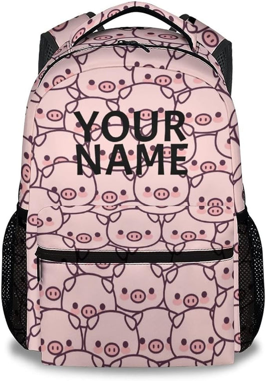 AIOMXZZ Personalized Pig Backpack Gifts with Text Name, 16 Inch Cute Pig Bookbag Durable, Lightweight, Large Capacity, Funny Animal Backpack for School Girls Kids Women
