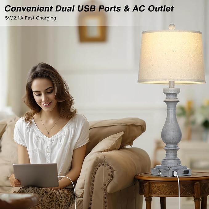 Cinkeda 29" Tall Farmhouse Table Lamp for Living Room Set of 2,Vintage Retro Nightstand Lamps with USB C+A Ports & AC Outlet,3-Way Dimmable Touch Bedside Lamp for Bedroom Side Table,Light Grey