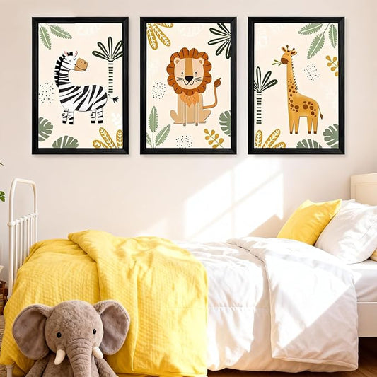 Cute Zebra Lion Giraffe Quote Framed Wall Art Set of 3, 11x16 Boho Educational Animal Wall Sign for Baby Girl Kid Boy Toddlers, Wooden Inspirational Nursery Wall Decor Black