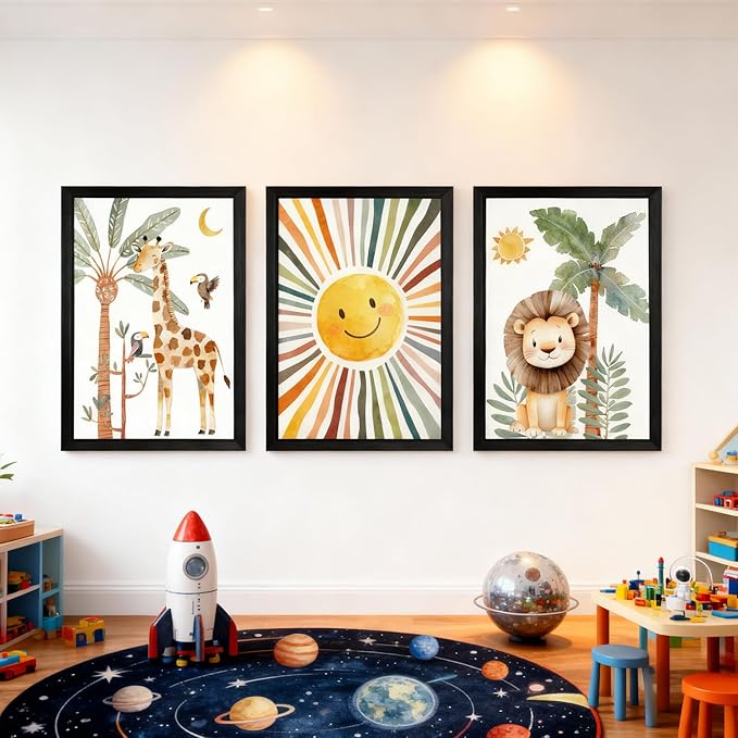 Cute Sun Lion Giraffe Quote Framed Wall Art Set of 4, 11x16 Boho Educational Animal Wall Sign for Baby Girl Kid Boy Toddlers, Wooden Inspirational Nursery Wall Decor Black