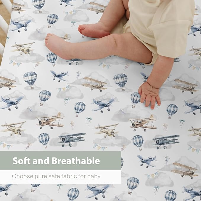 Vintage Planes Airplanes Helicopters Baby Crib Sheets Boy Girl 28"x52" Hot Air Balloon Plane Clouds Sky Soft Stretchy Fitted Crib Mattress Cover Baby Sheet for Standard Crib & Toddler Mattress Pad