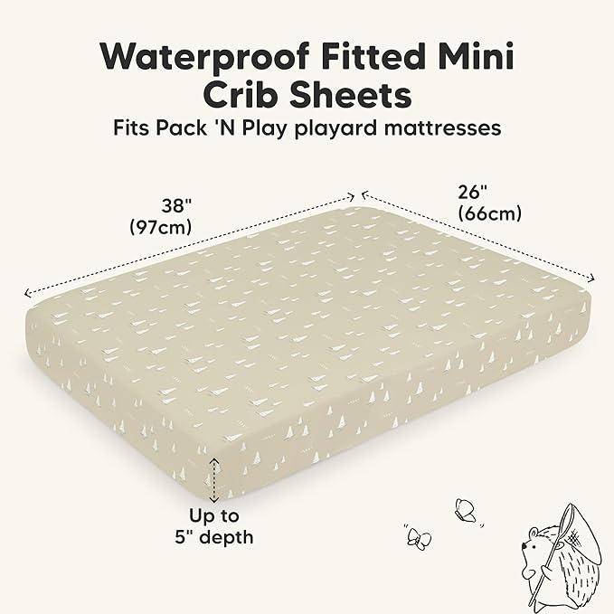 2-Pack Waterproof Pack and Play Sheets, Mini Crib Sheets Fitted for Boy, Girl - 38 x 26 Viscose from Bamboo Pack N Play Mattress Sheets for Graco, Toddler Playard Baby Crib Sheets Neutral(Pine Grove)