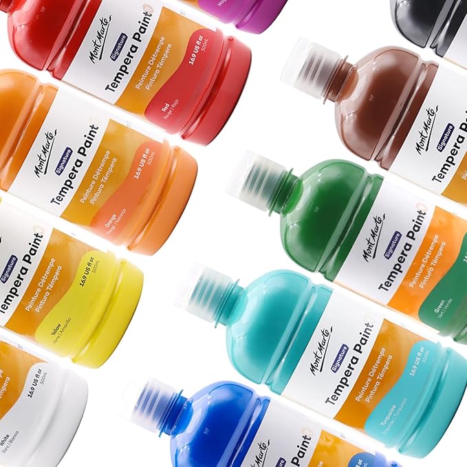 Mont Marte Tempera Paint Set 12pc x 16.9 US fl.oz (500ml), 12 Bottles of Tempera Style Kids Paint, Washable for Kids Art and Craft, Non Toxic, Easy to Clean.