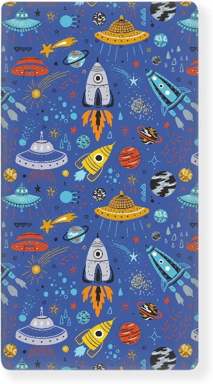 Cartoon Rockets Planets Stars Comets and UFOs Fitted Crib Sheet Astronaut Space Galaxy Baby Crib Sheet Fit Standard Crib and Toddler Mattress,Crib Mattress Sheets for Boys Girls 28"x52"