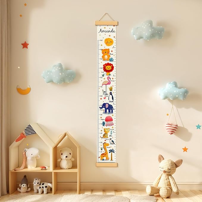 Woodemon Personalized Name Kids Growth Chart, Watercolor Animal Canvas Height Measurement Ruler for Baby, Kids Height Wall Chart for Child's Room Decoration, Waterproof Measuring Wall Ruler