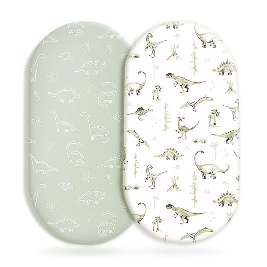 Stretch Ultra Soft Fitted Bassinet Sheet Set 2 Pack, Universal Fit for Bassinets Baby Cradle Moses Basket Oval Rectangle Mattress Safe and Snug, Dinosaur