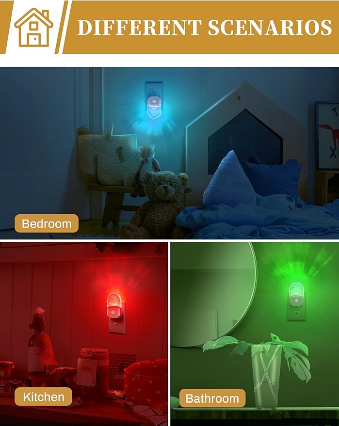 DORESshop 8-Color RGB LED Night Lights Plug Into Wall [2 Pack], Color Changing RGB LED Night Light with Dusk to Dawn Sensor for Bathroom Decor, Chrome Cover