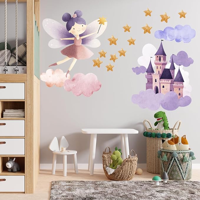 Flower Fairy Wall Decal，Butterfly Fairy Stars Wall Stickers，Cartoon Princess Butterfly Girls Decal，Removable Vinyl for Girls Bedroom Baby Nursery Kids Room Wall Decor. (Fairy Castle Wall Stickers)