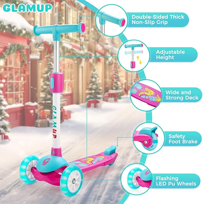 GLAMUP Kids Kick Scooter 3 Wheels, Kids Scooter Height Adjustable Handlebar, Lean-to-Steer System & Easy-Folding Mechanism, Ages 3-14 Boys and Girls