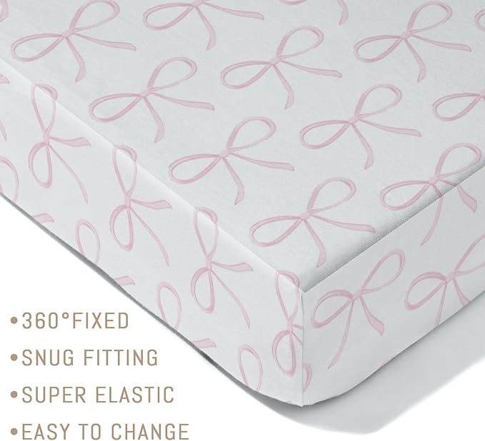 Sweet Pink Bows Baby Crib Sheets for Girls Pastel Pink Bows Soft Snug Fitted Crib Mattress Covers for 52''x28'' Standard Crib & Toddler Mattress Valentine's Girly Ribbons Nursery Baby Bed Sheets