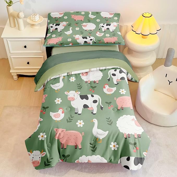 4 Pieces Toddler Bedding Set for Boys Girls,Farmhouse Farm Animal Toddler Comforter Set Bed in a Bag Includes Comforter, Flat Sheet, Fitted Sheet and Pillowcase