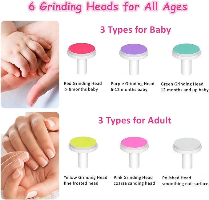 Electric Baby Nail Trimmer, Baby Nail File, Safe Baby Nail Clippers, 6 Grinding Heads Queit Baby Nail Polish Grooming Kit for Newborn Infant Toddler Adult Battery Operated (Not Included)
