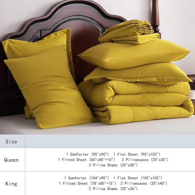 NTBAY Queen Comforter Set with Sheets, 7 Pieces Soft and Breathable Queen Bedding Set, Bed in a Bag, Down Alternative Comforter Set Solid Color All Season, Queen Bedding Set, Yellow