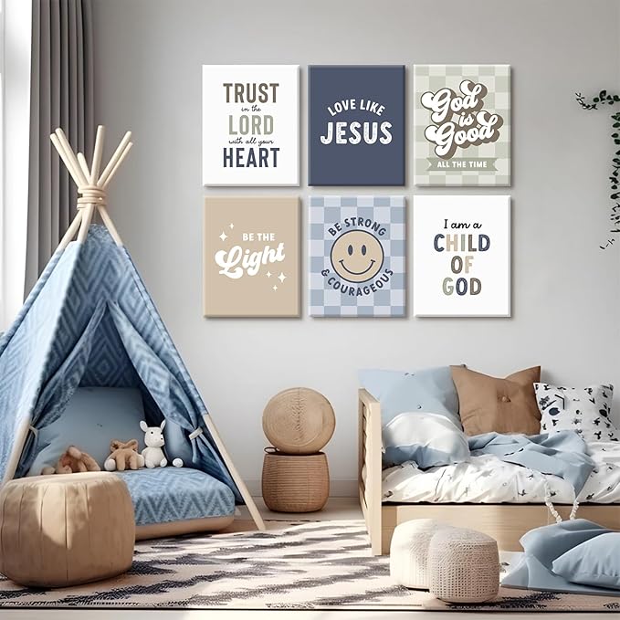 Bible Verses Wall Art Decor Christian Boy Nursery Canvas Wall Decor Boy Kids Room Posters Scriptures Religious Prints Modern Children Christian Pictures Artwork for Bedroom 8x10x6 Inch Wrapped Canvas