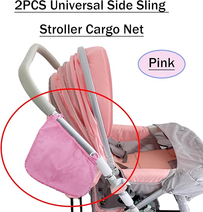 2PCS Universal Side Sling Stroller Cargo Net,Portable Storage Mesh Bag,Stroller Storage Organizer Bag,Non-Slip and Adjustable Straps Side Sling Mesh Organizer(Pink)