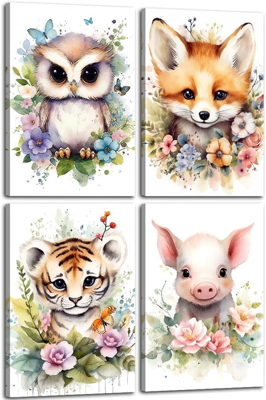 NAMENLAIMI Animal Wall Art Canvas Cute Owl Fox Tiger Pig Picture Prints Nursery Animals Paintings Animal with Flower Pictures Wall Decor for Kids Room Decor Frame(Animal-4,20.00" x 30.00" x 4Pcs)