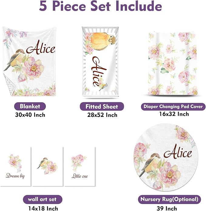 Personalized Crib Bedding Set, Custom Name Baby Bedding 5-Pcs Set - Blanket Fitted Sheet Changing Pad Cover Nursery Rug Wall Art, Pink Floral Bird Nursery Decor for Newborn Girls