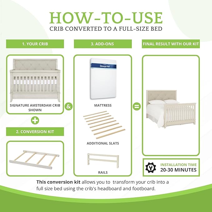 Full-Size Conversion Kit Bed Rails for Evolur Cribs - Solid Wood Crib Convertible Kit to Kids Bed - Transitional Style Rails & Easy-to-Install Child Essentials for Safety (Glazed Brushed White)