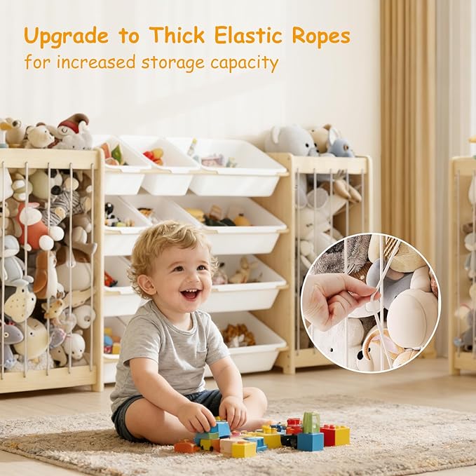 EXPERLAM Toy and Stuffed Animal Storage, 12-Bin Toy Shelf with Double-Sided Stuffed Animal Holder & Thicker Elastic Ropes, Space-Saving Solid Wood Toy Organizer for Playroom, Nursery, Bedroom, White
