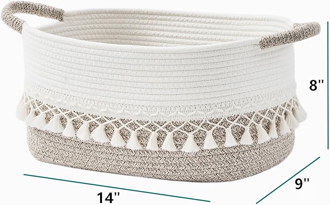 BUBUSUN Storage Bins Woven Baskets for Storage Set of 3, Cotton Rope Basket with Handles for Toys/Shelves/Laundry, Rectangle Multi-Purpose Organizer for Living Room, Bedroom, Nursery (White/Beige)