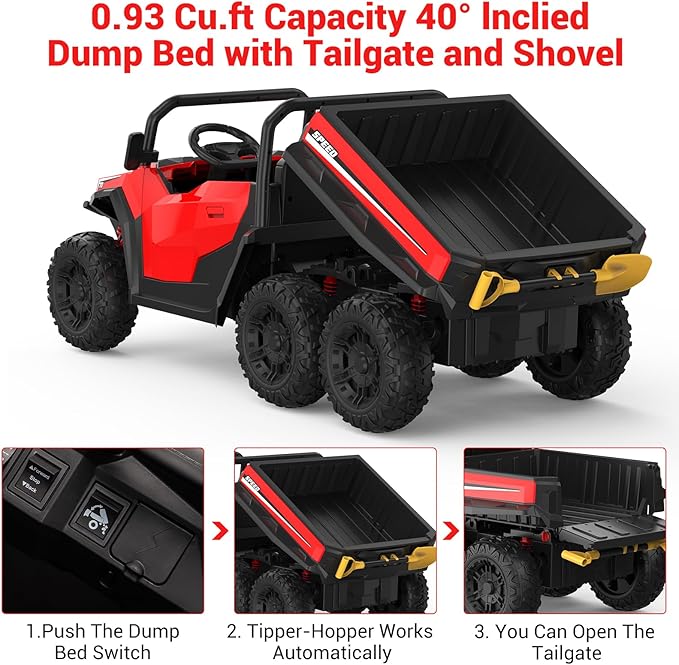 24V 2 Seater Ride on Dump Truck with Remote Control for Big Kids, 4WD 6 Wheels Ride on Car w/Music Player & LED Lights, Ride Toy Gift for Kid
