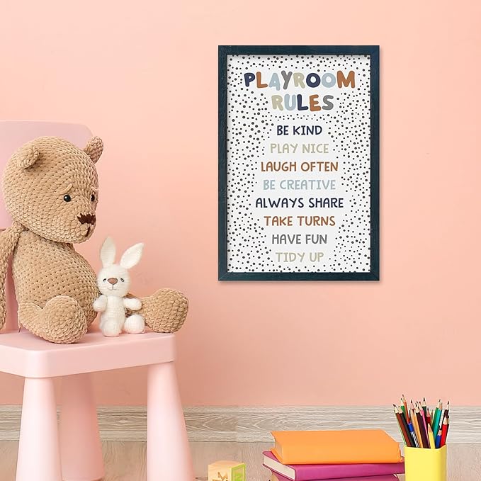 YWJKWLGS Playroom Rules Sign - Wood Framed Wall Art for Kids Room, Nursery, Toddler Bedroom or Playroom, 11x16 Inch Hanging Decor for Boys & Girls (Black)