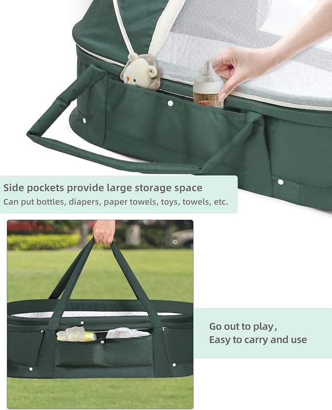 Baby Travel Bassinet Portable with 2 in 1 Canopy for Newborn - Green