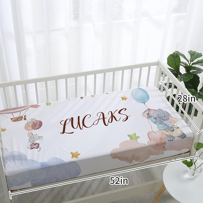 Personalized Crib Bedding Set, Custom Name Baby Bedding 5-Pcs Set - Blanket Fitted Sheet Changing Pad Cover Nursery Rug Wall Art, Balloon-Themed Nursery Decor for Newborn Boys Girls