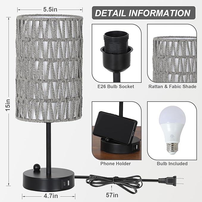 Eayaya Gray Bedside Lamps Set of 2, Touch Control Night Stand Lamp for Bedroom with Rattan & Linen Shade & Bulbs, 3 Way Dimmable Small Boho Table Lamps with USB Charging Port & Phone Stand