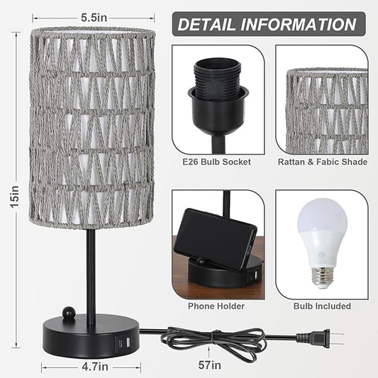 Eayaya Gray Bedside Lamps Set of 2, Touch Control Night Stand Lamp for Bedroom with Rattan & Linen Shade & Bulbs, 3 Way Dimmable Small Boho Table Lamps with USB Charging Port & Phone Stand