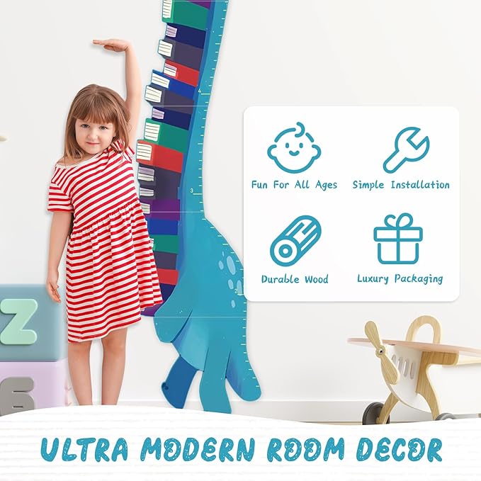 Woodemon Personalized Name Growth Chart for Wall, Dinosaur Book Wooden Growth Chart Kids Height Chart,Growth Ruler for Toddler Playroom Decor 62.4" x 15.5"